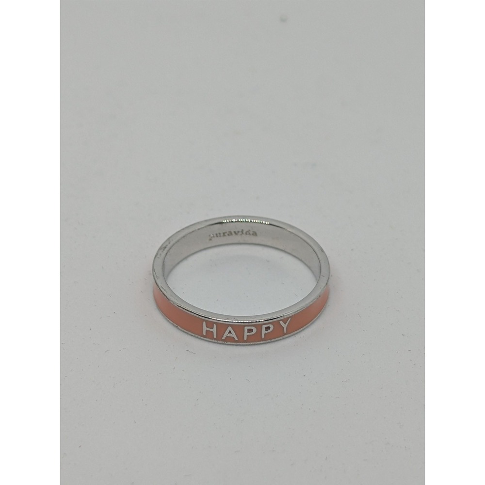 Pura Vida GOLDEN ENAMEL WORD‎ RING- Silver/Pink Happy Size 7